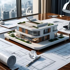 3D Model of a White Modern Luxury Building on wooden desk with Architectural Blueprints