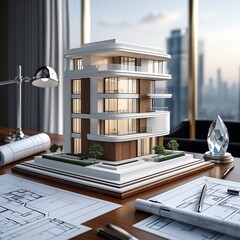 3D Model of a White Modern Luxury Building on wooden desk with Architectural Blueprints