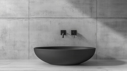 A Sleek, Black Sink Sits Against A Minimalist Concrete Wall.  Modern, Clean Lines And Muted Colors Create A Calm Atmosphere.