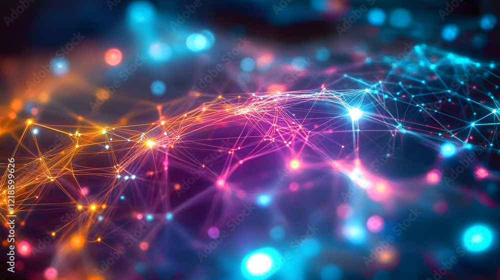 Poster digital representation of global network connections with glowing nodes