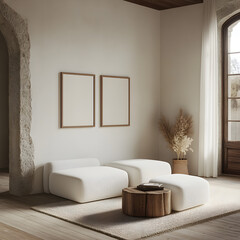 White living room with two picture frames on the wall, simple white walls, cozy sofa and coffee table, natural light from the window, neutral color scheme, boho-style decoration, wooden floor, 