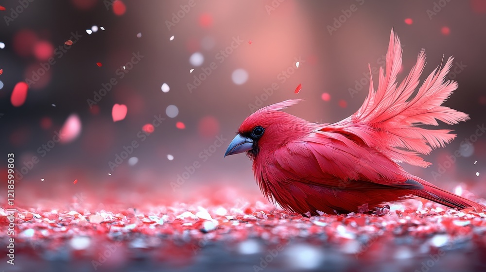 Wall mural Vibrant red cardinal perched on a bed of petals, surrounded by a soft, dreamy background