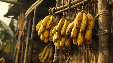 Ripe bananas drying on hut wall, rural village background, food preservation