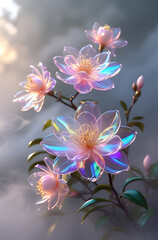 Fototapeta premium A beautiful camellia flower with a spectrum theme and enchanting smoke. Created with generative AI