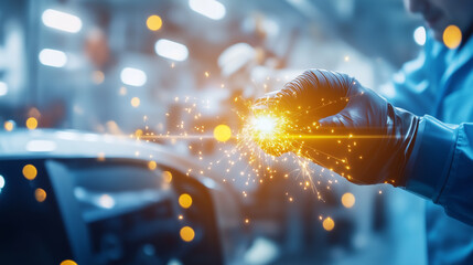 Efficient Car Assembly Line in Automotive Manufacturing Plant. A high-tech automobile production line in action, with workers and robotics efficiently assembling vehicles. Perfect