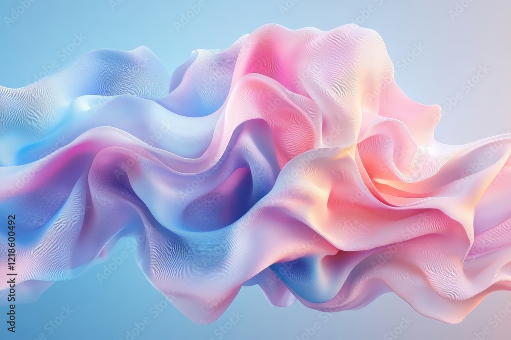 Poster flowing fabric waves create a soft blend of pink and blue hues in an abstract background