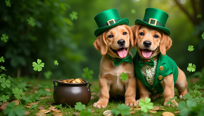 Adorable puppies in festive green leprechaun outfits celebrate St. Patrick's Day, framed by a four-leaf clover and a dreamy bokeh background. This image embodies good fortune. Ample copy space.