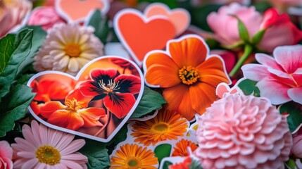 Colorful Floral Display with Decorative Hearts on a Vibrant Table Setting
