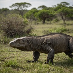 Obraz premium A side-view of a chameleon with colorful patterns climbing a branch, taken with a DSLR, showing its full body and a blurred jungle background.