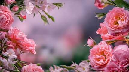 Obraz premium Beautiful Pink Roses and Cherry Blossoms Framed in Soft Pastel Background