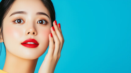 Obraz premium Asian woman portret Red lips, red nails too