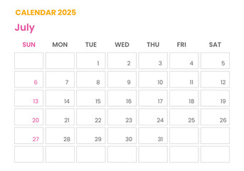 July Calendar 2025 corporate design planner template.