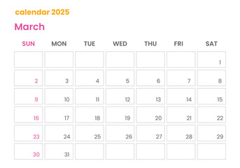March Calendar 2025 corporate design planner template.