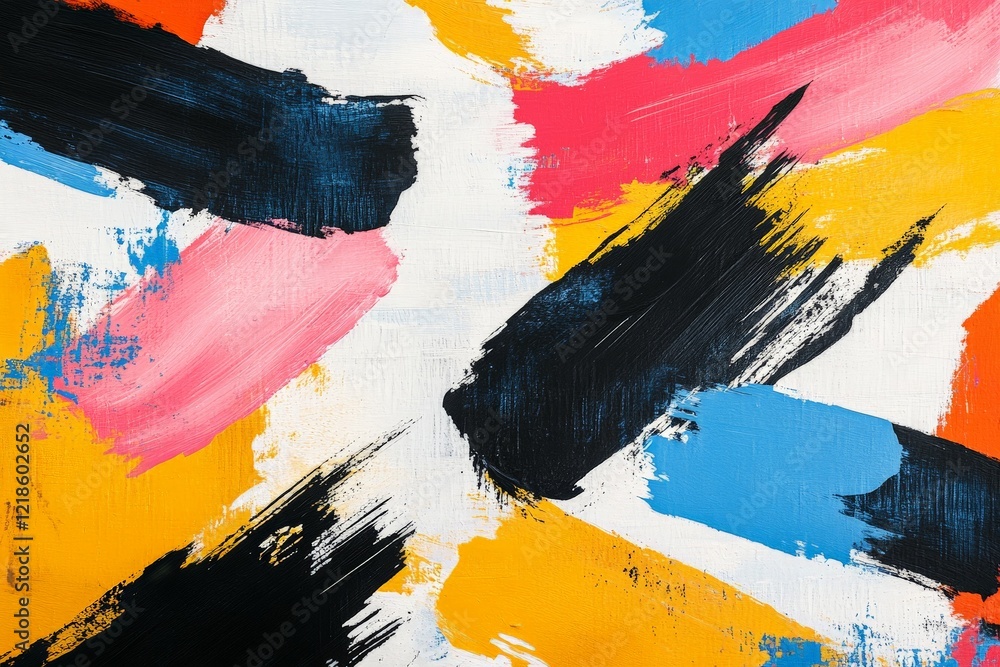 Poster colorful abstract artwork with bold brush strokes in contrasting hues creating dynamic energy on can