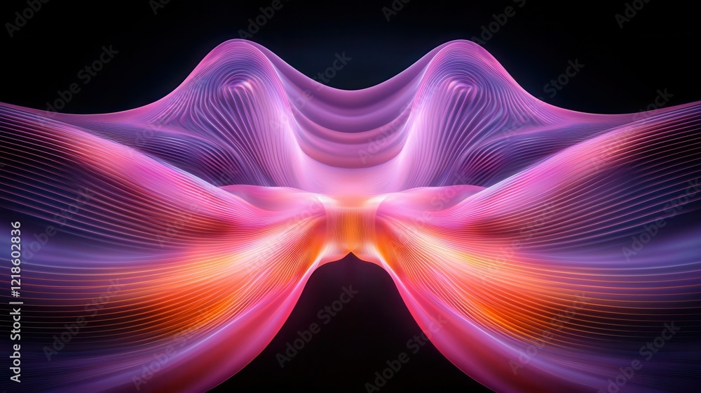 Poster dynamic light trails spreading from central point in black background futuristic visual art abstract