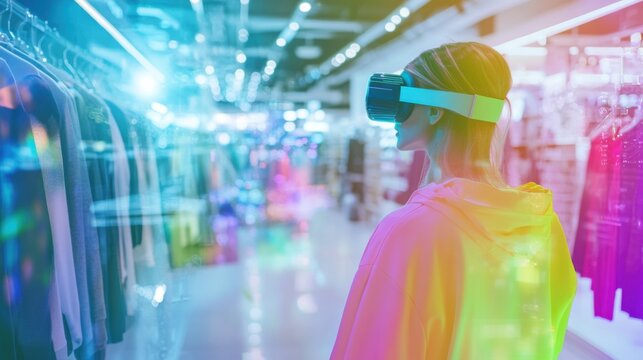 Virtual shopping, discounts, interactive game, shopper discovering rewards, digital store, floating products, fashion items, holographic, futuristic interface, immersive experience, bright, engaging