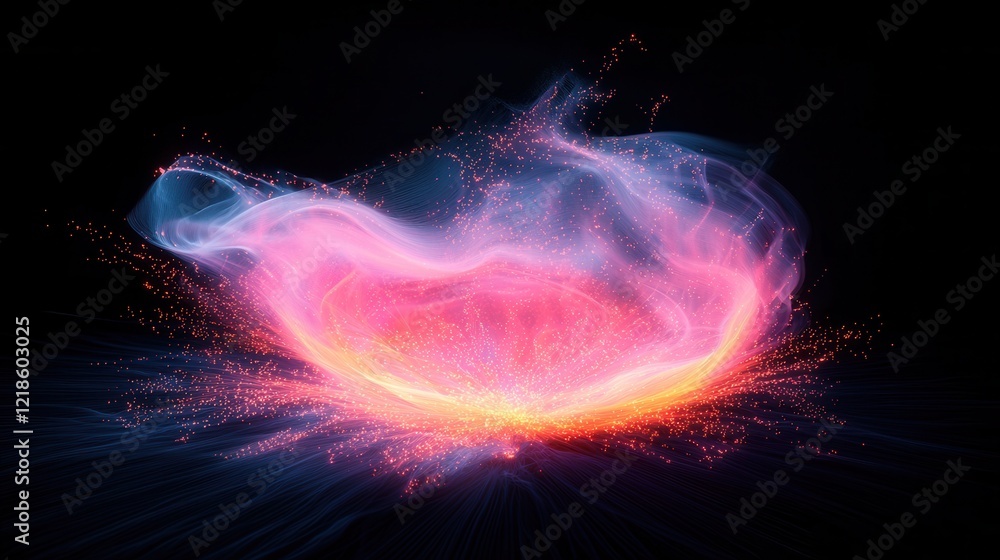 Poster dynamic light trails emanating from a central point abstract design black background explosive and f
