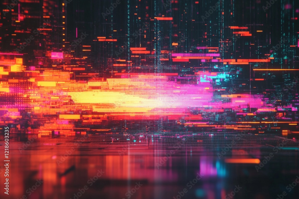 Poster dynamic digital patterns create vibrant colors and textures in a futuristic environment during night