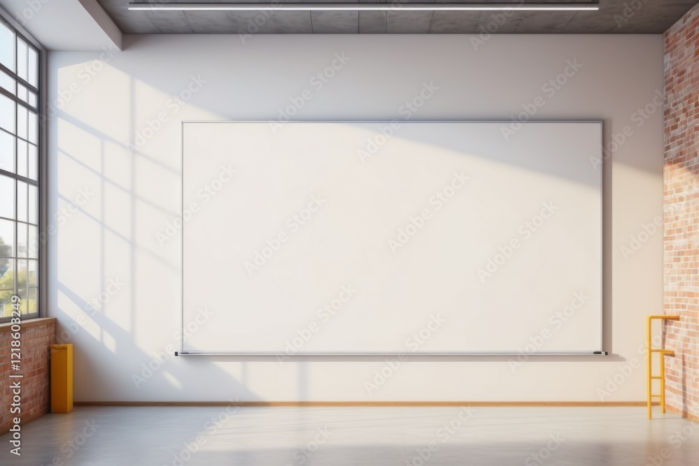 Poster empty white room with a window and blank walls for mockup design, featuring clean floors and soft na