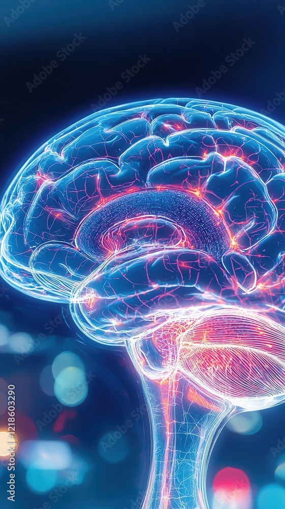 Poster innovative brain scan display digital screen macro detail glowing patterns advanced technology futur