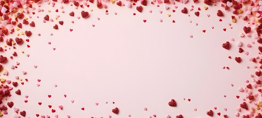 Valentines day card. Heart confetti falling over pink background for greeting cards, wedding invitation.