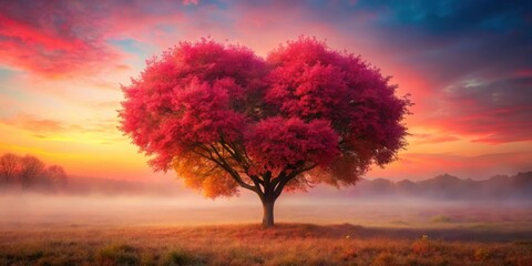 Obraz premium A majestic red heart-shaped tree with a vibrant pink glow in the evening mist