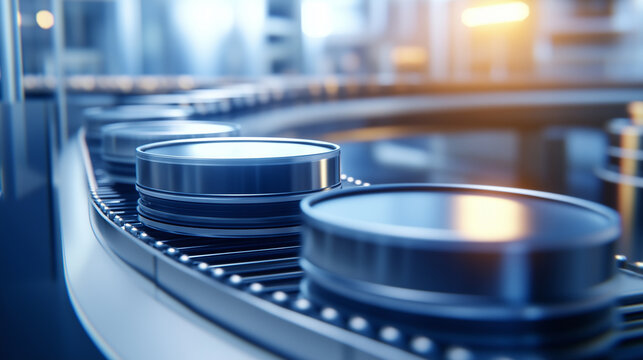 Industrial Conveyor Belt with Circular Containers in a Modern Production Facility A sharp close-up of circular containers on a conveyor belt in a modern industrial production facil