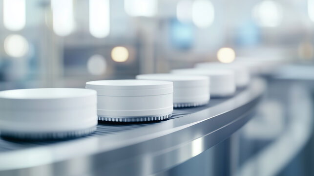 Circular Containers on Conveyor Belt in Modern Manufacturing Facility A close-up view of circular containers being transported on a conveyor belt in a high-tech manufacturing facil
