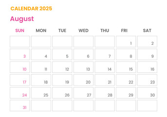 August Calendar 2025 corporate design planner template.