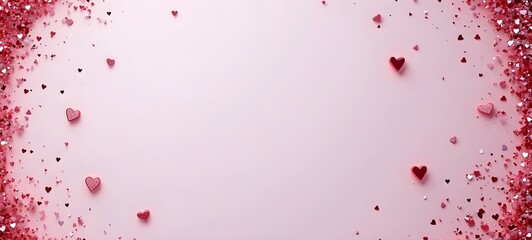 Valentines day card. Heart confetti falling over pink background for greeting cards, wedding invitation.