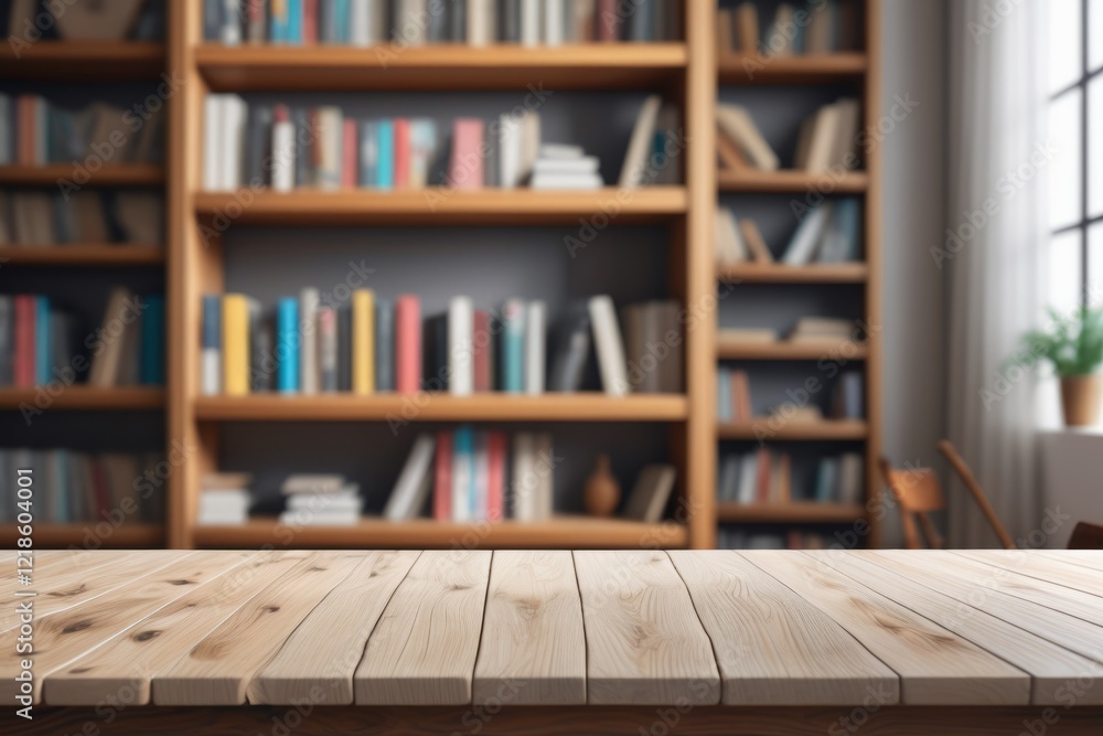 Poster books on a bookshelf in a library with wooden empty table space for mockup