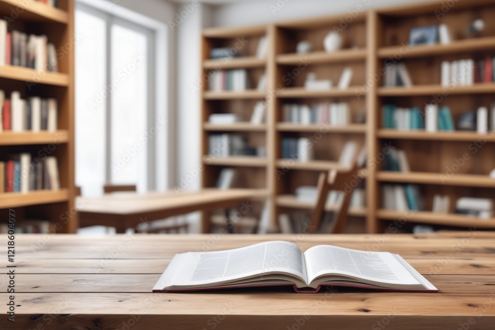 Poster a close-up desk with opened book over bookshelf filled with books in a library