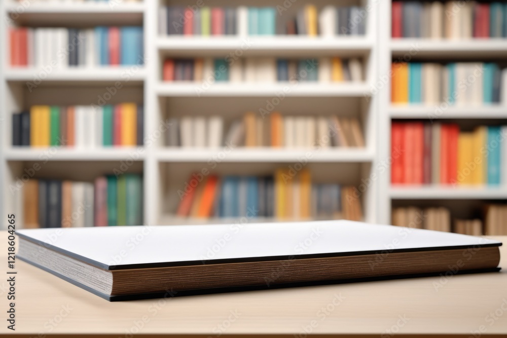 Aufkleber a close-up desk with book over bookshelf filled with books in a library