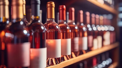 A wine rack with neatly arranged bottles of red, white, and rose illuminated by soft ambient lighting in a modern cellar.