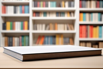 Fototapeta premium A close-up desk with book over bookshelf filled with books in a library
