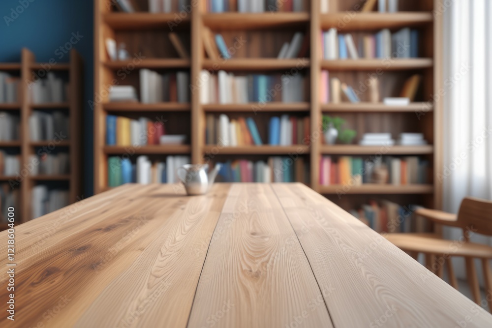 Poster books on a bookshelf in a library with wooden empty table space for mockup