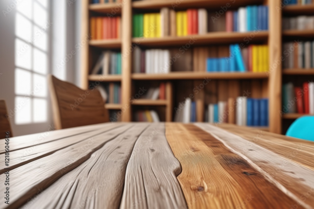 Poster books on a bookshelf in a library with wooden empty table space for mockup