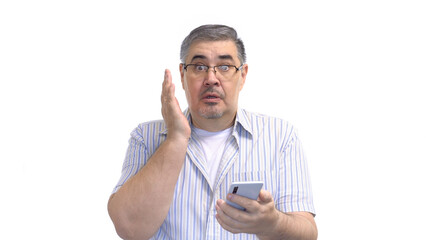 Man Looking at Phone in Amazement - Unexpected Luck, Good News, Lottery Win Concept - Isolated on...