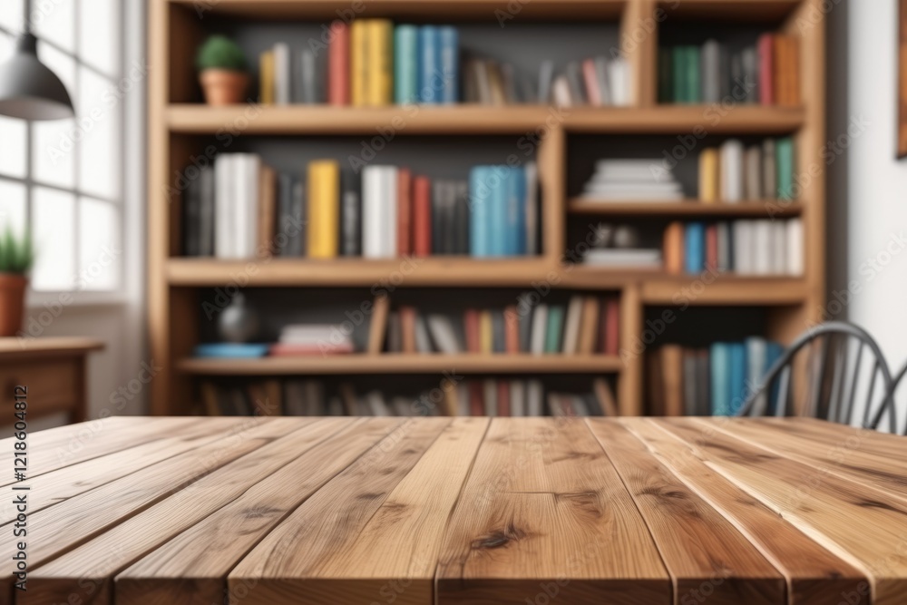 Poster a close-up empty wooden desk over bookshelf filled with books in a library