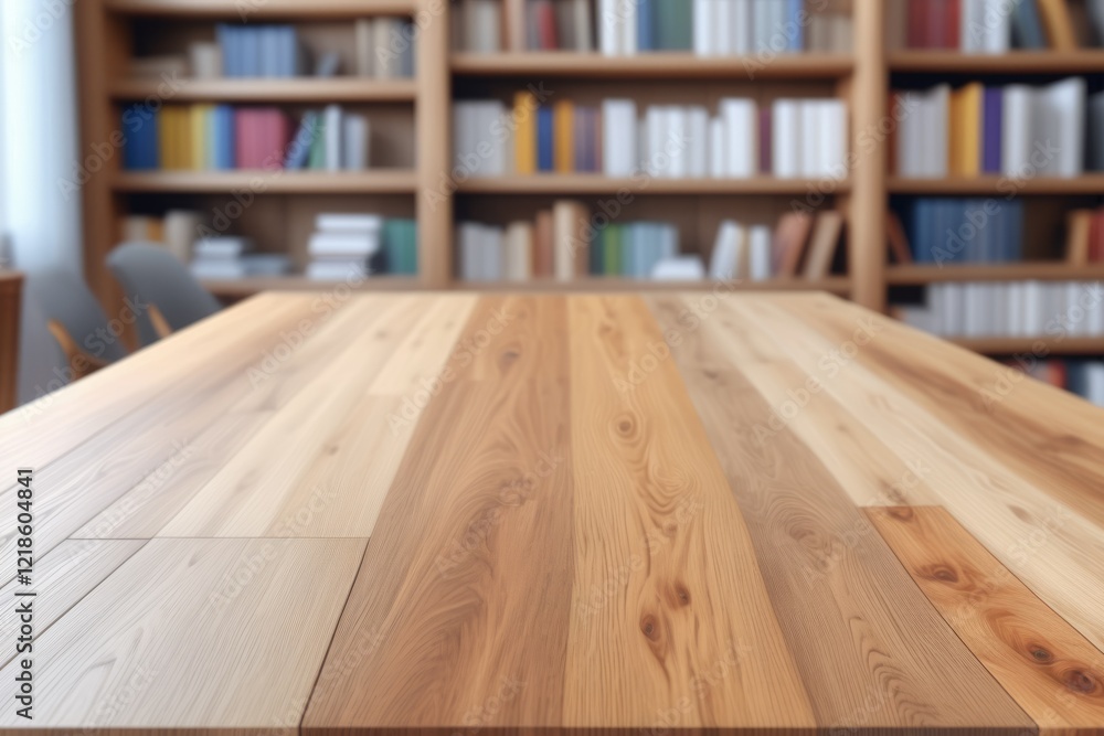 Poster a close-up empty wooden desk over bookshelf filled with books in a library