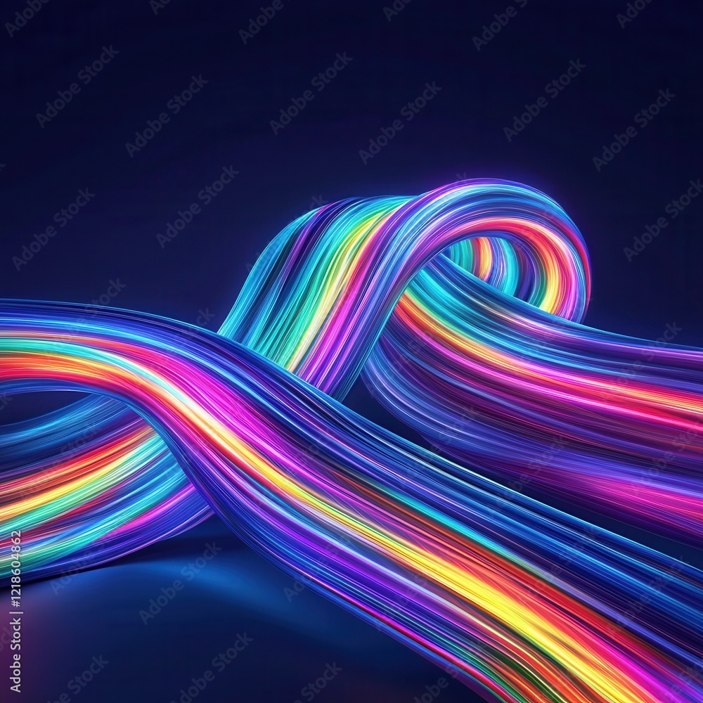 Poster vibrant glowing rainbow light trails twisting on dark background artistic visual display abstract en