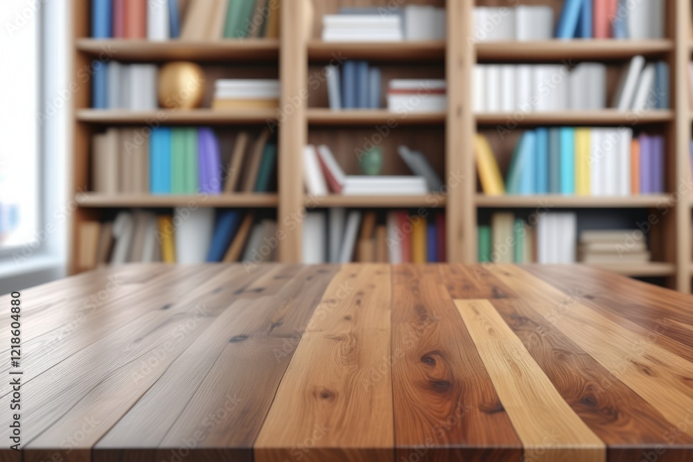 Poster a close-up empty wooden desk over bookshelf filled with books in a library
