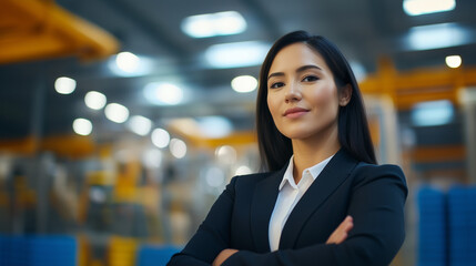 Confident Young Woman in Industrial Setting, Showcasing Leadership in Manufacturing A confident young woman stands in an industrial setting, exuding leadership and professionalism