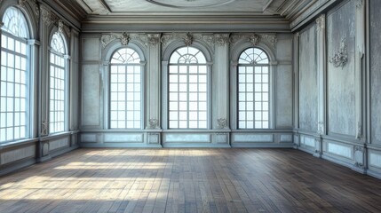 Fototapeta premium A Sunlit, Empty Room In A Grand Old Building With Tall Windows And Ornate Molding. Elegant And Serene.
