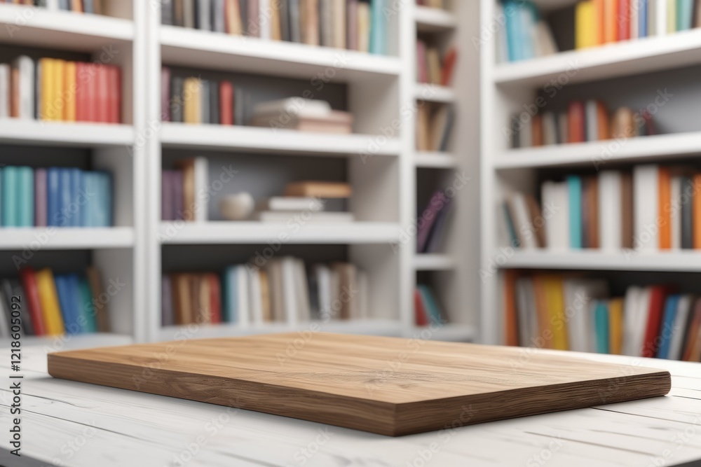Poster books on a bookshelf in a library with wooden empty table space for mockup