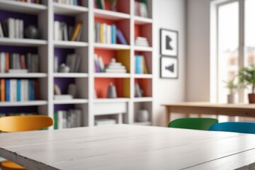 Naklejka premium A close-up empty white desk over bookshelf filled with books in a library