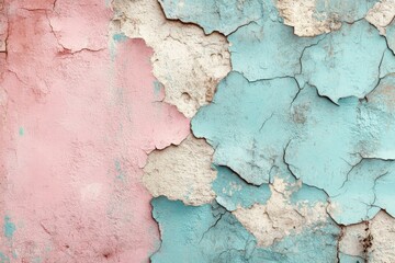 Obraz premium Cracked pastel wall textures showcase a blend of pink and blue hues in an urban setting
