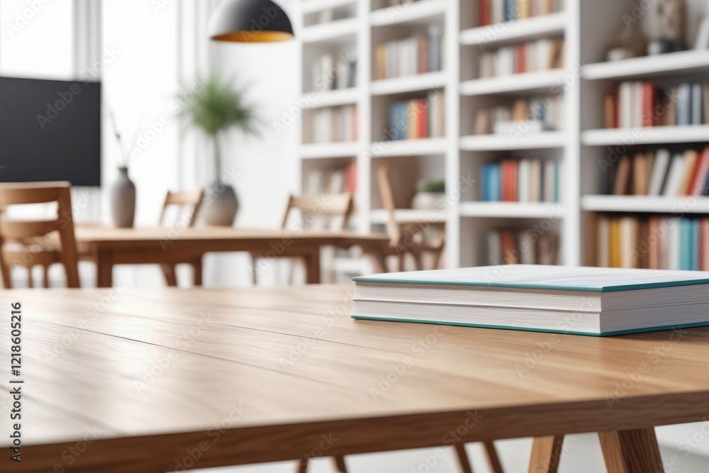 Poster a close-up desk with book over bookshelf filled with books in a library