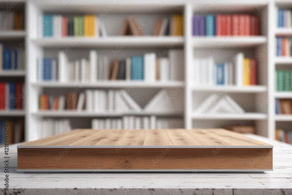 Poster a close-up empty desk over bookshelf filled with books in a library