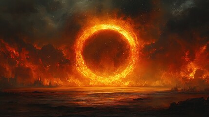 Fiery ring portal, apocalyptic landscape, game design